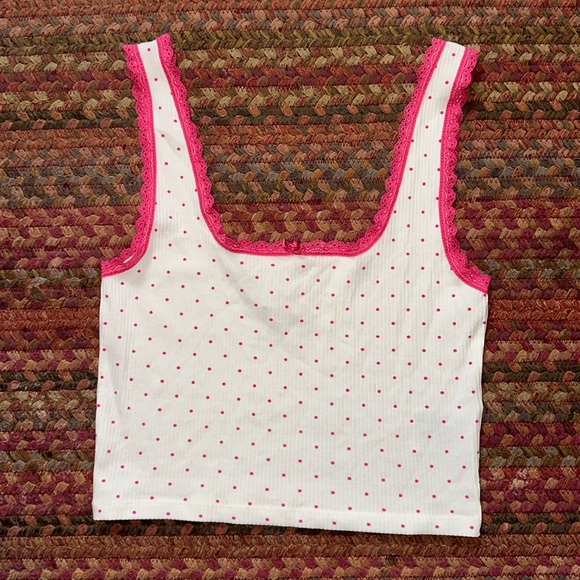 NWT COTTON ON BODY PINK POLKA DOT LACE TRIM CROP STRETCH TANK - Picture 1 of 4